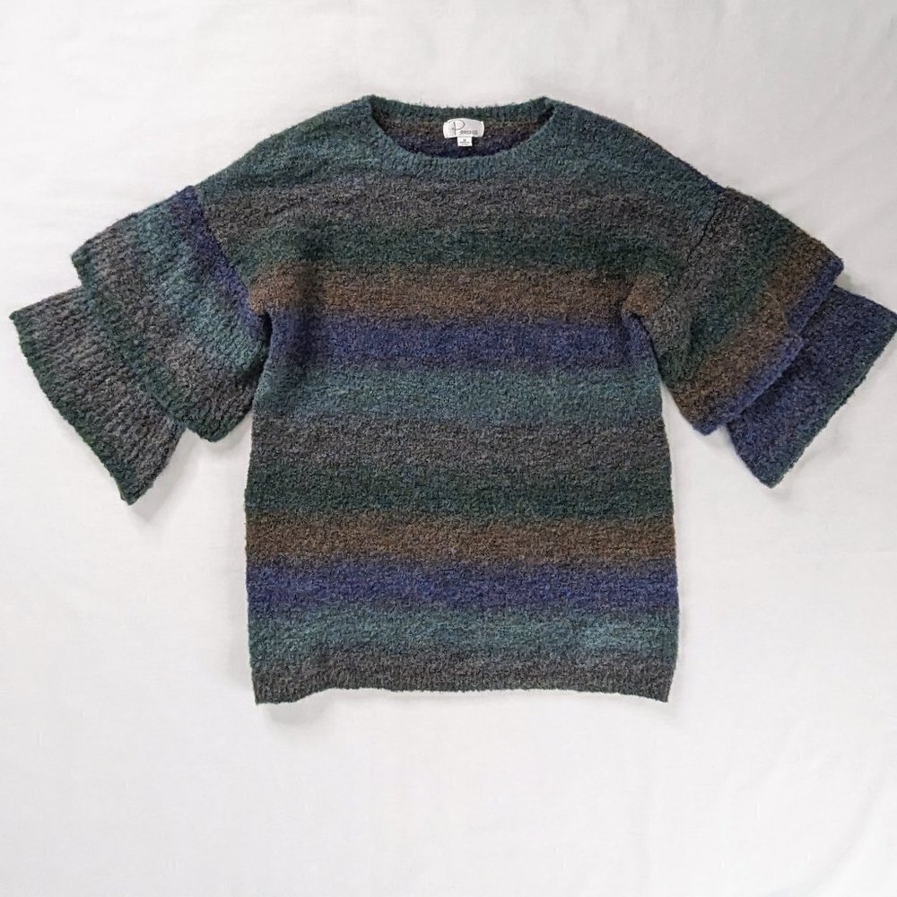 Ponsesa Green Blue Tan Wool Tiered Ruffle Sleeve Knit Sweater Top Half Sleeve